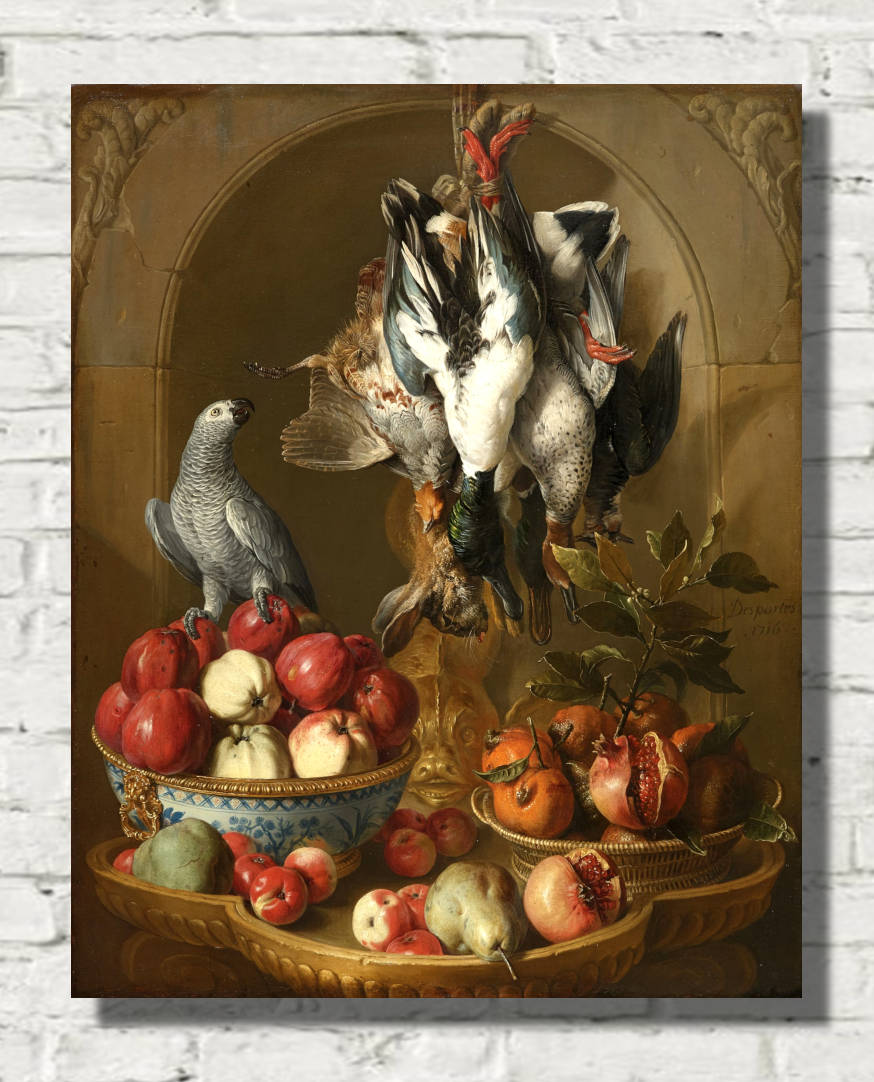 Alexandre Desportes Print, Still life with game trophy, fruit and parrot on a niche background