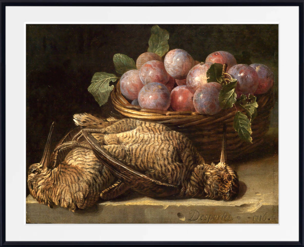 Alexandre Desportes Print, Still life with plums and two snipes on a stone table (1716)