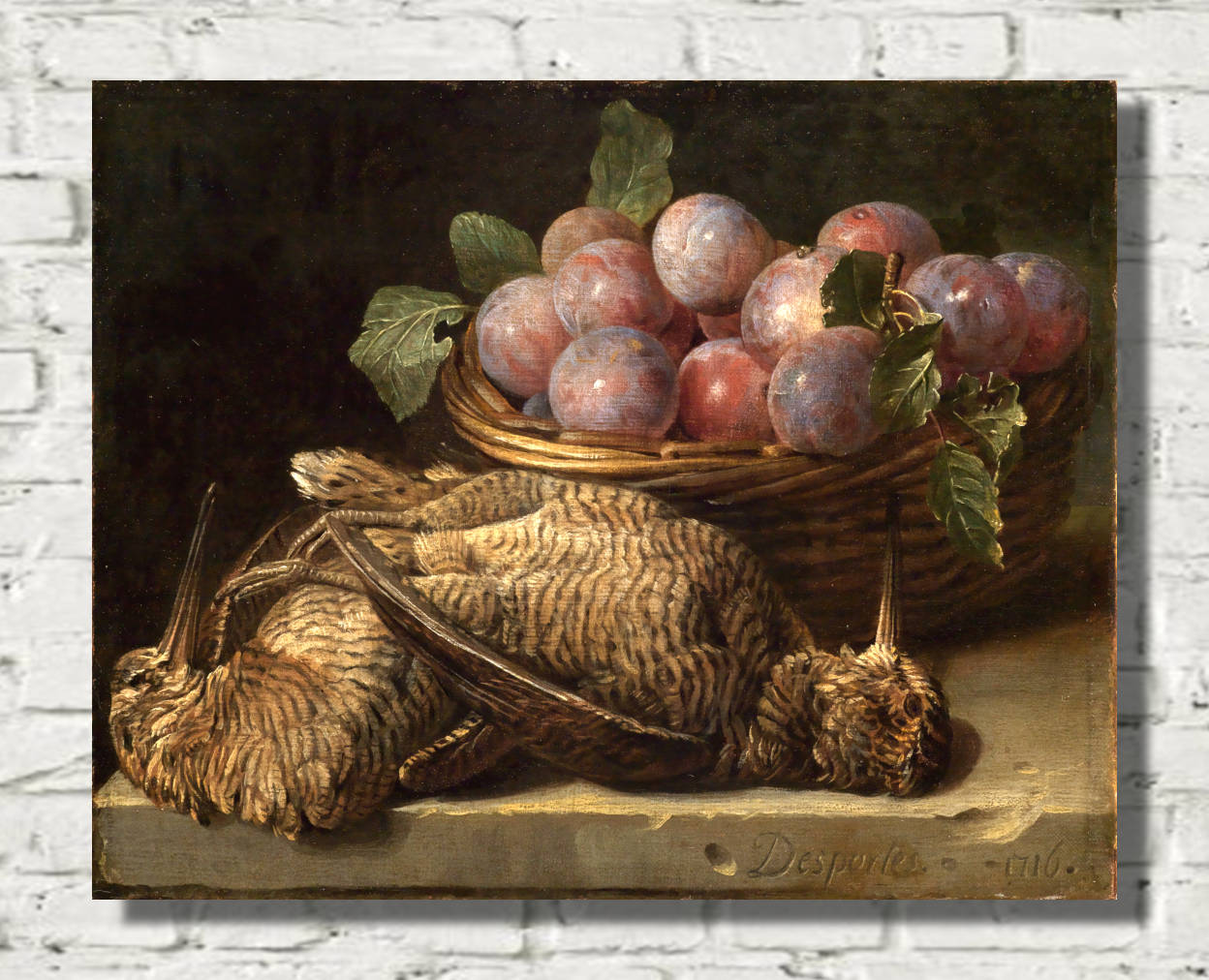 Alexandre Desportes Print, Still life with plums and two snipes on a stone table (1716)