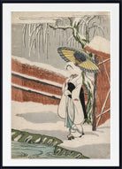 A framed Japanese-style art print depicting a woman in a white kimono holding a yellow parasol in a snowy outdoor scene with a tree and fence.
