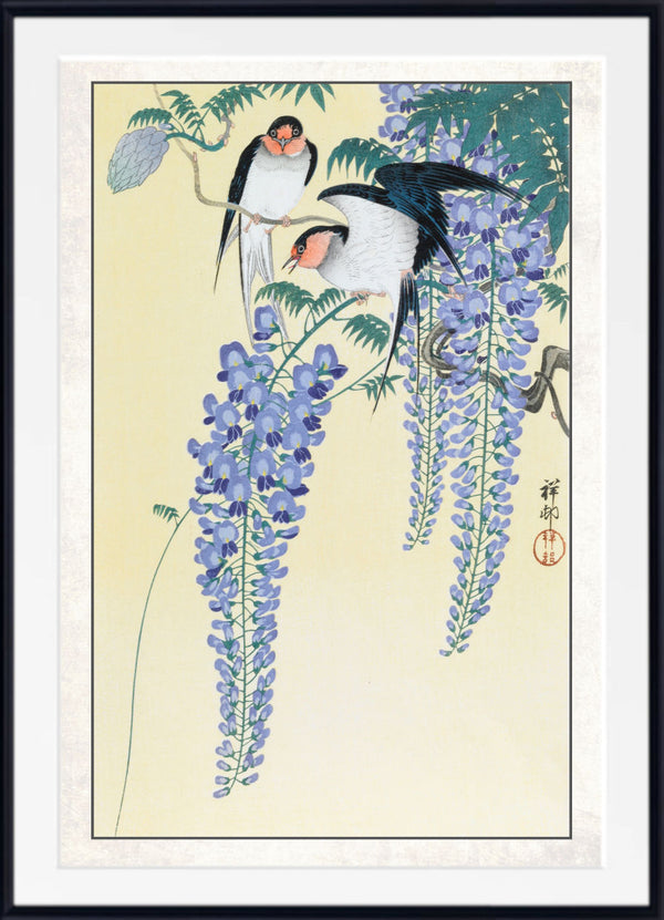 Ohara Koson Japanese Fine Art Print, Swallows and Wisteria