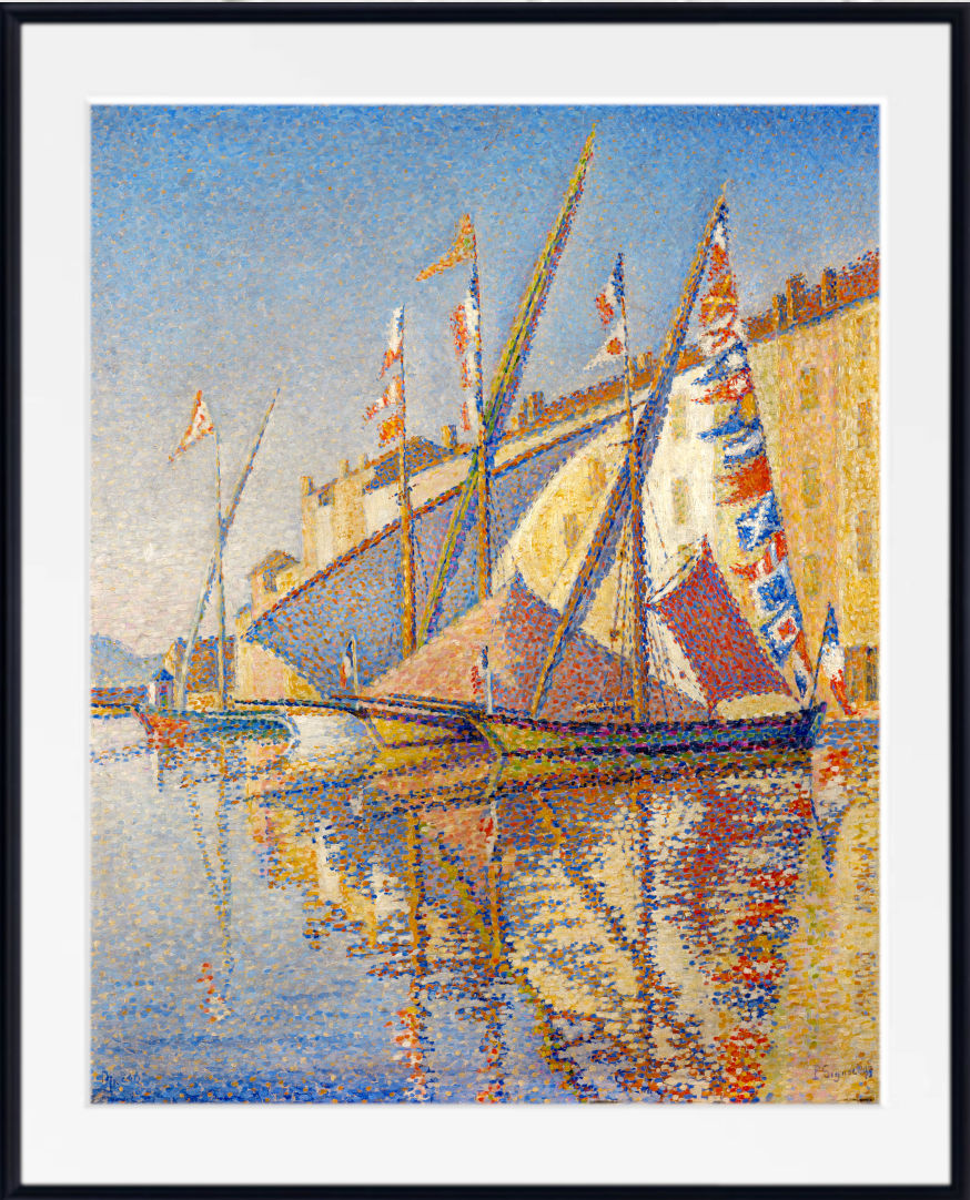 A framed impressionist-style painting of sailboats on water with a pale blue sky and warm beige buildings, shown with a white mat and black frame.
