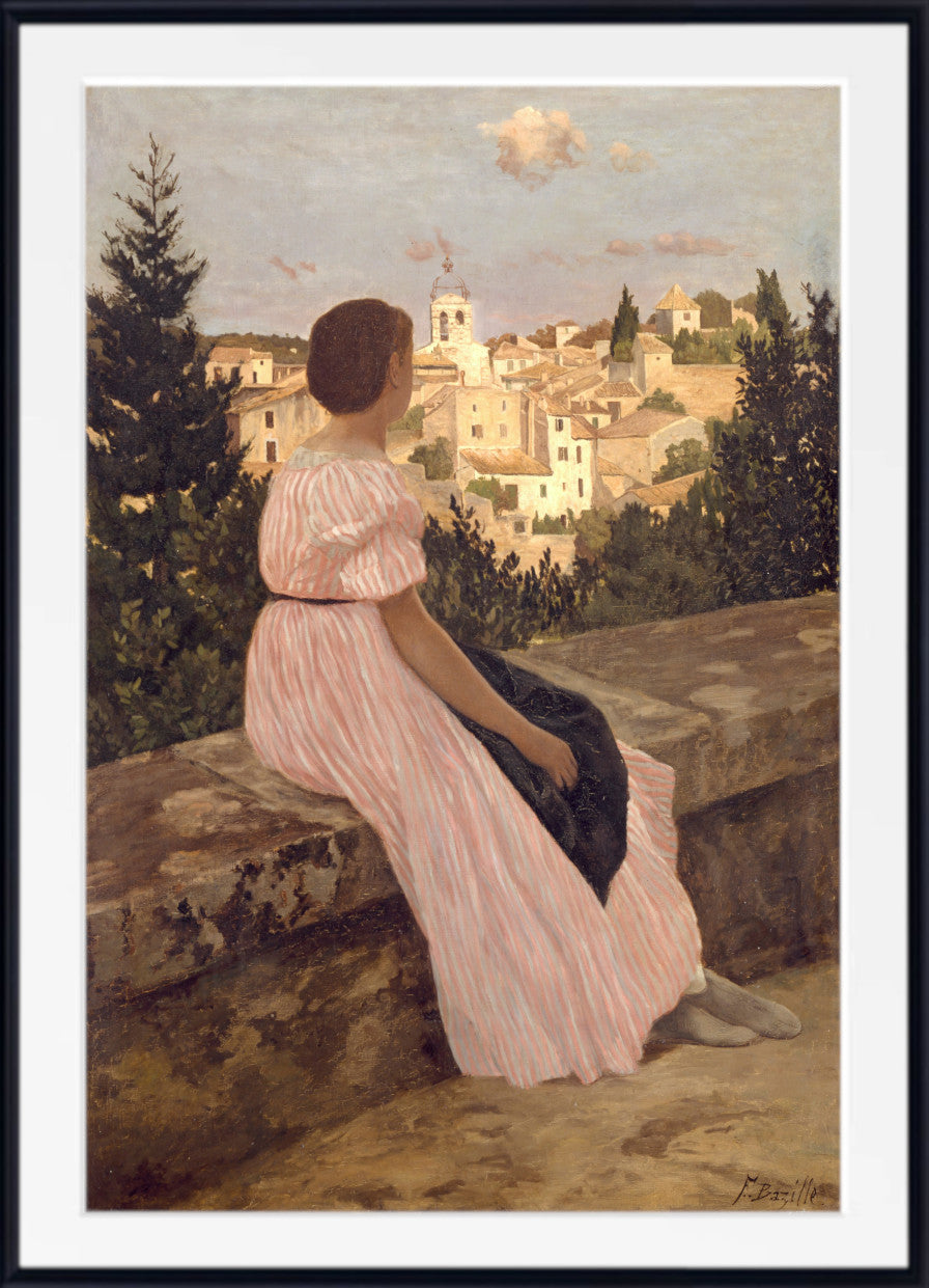 the pink dress bazille This painting from 1864 by Frdric Bazille, titled "The Pink Dress,"  depicts a woman seated on a stone ledge, gazing out at a sunlit village  landscape in Mric, France. The piece is