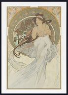 A framed Art Nouveau style art print featuring a woman in a flowing white gown with long dark hair, surrounded by ornate gold and beige decorative borders on a cream background.