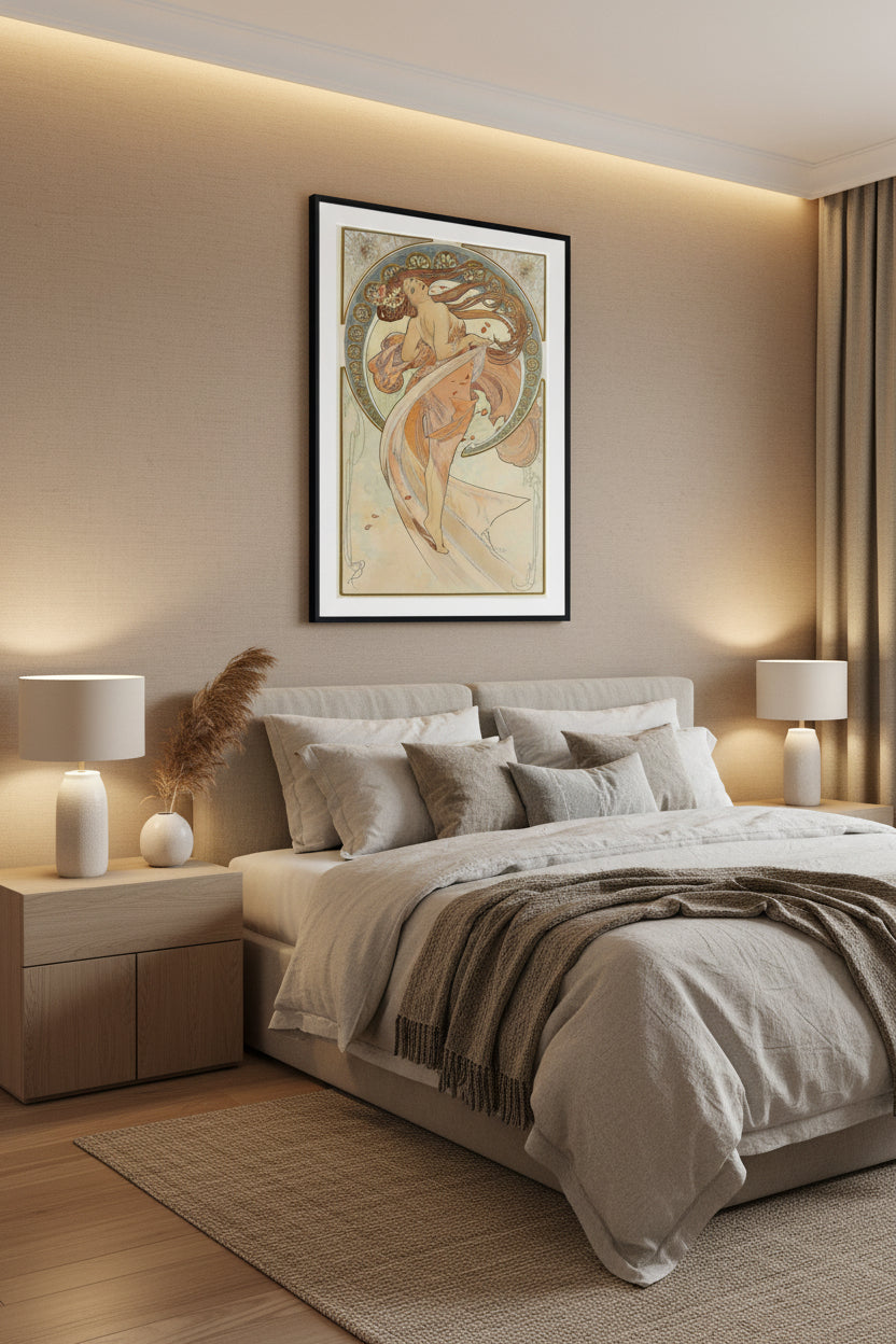 An Art Nouveau style art print featuring a flowing female figure in warm peach, beige, and gold tones, framed with a white mat and black outer border.