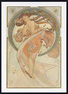 An Art Nouveau style art print featuring a flowing female figure in warm peach, beige, and gold tones, framed with a white mat and black outer border.