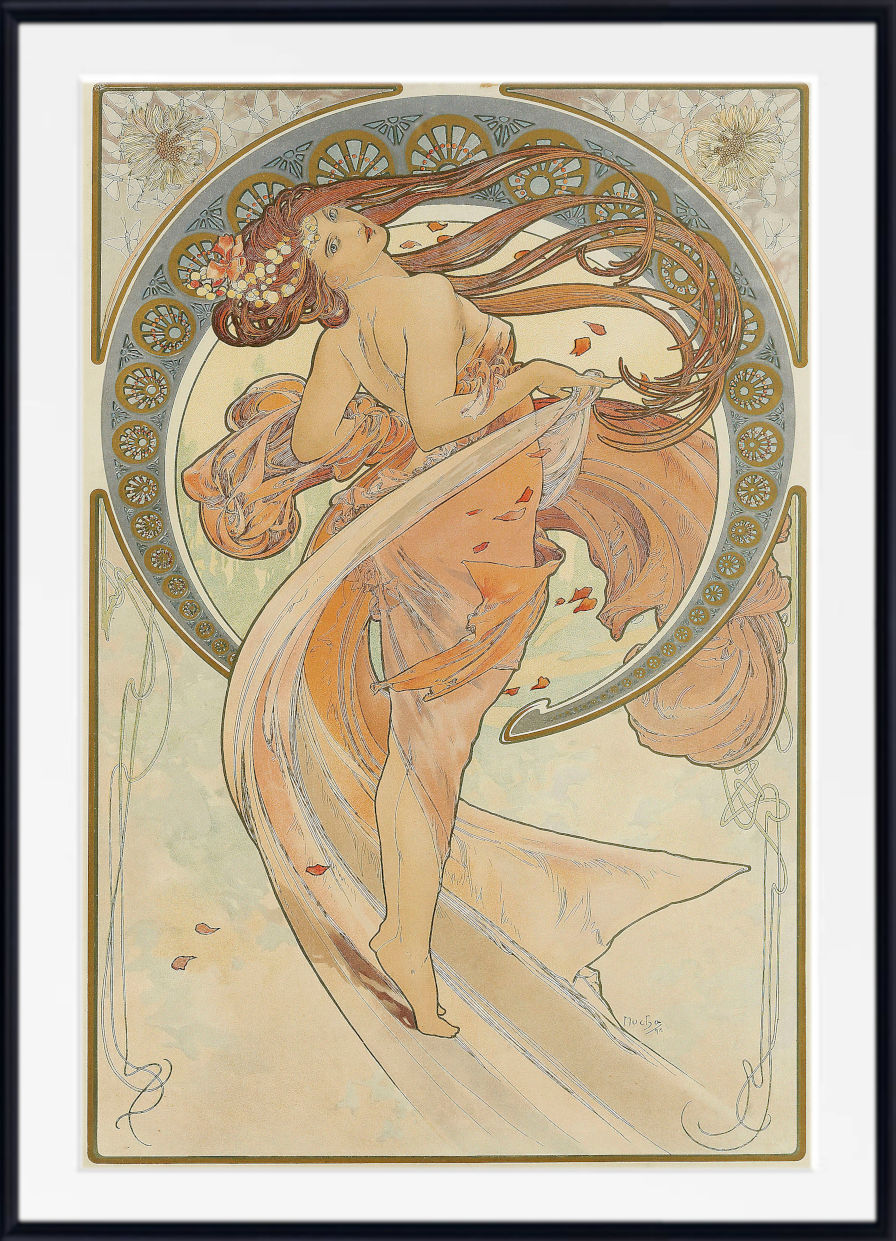 An Art Nouveau style art print featuring a flowing female figure in warm peach, beige, and gold tones, framed with a white mat and black outer border.