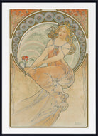 A framed Art Nouveau style art print featuring a seated woman in flowing peach and beige drapery with ornate circular motifs around her, shown against a light background with a black frame.