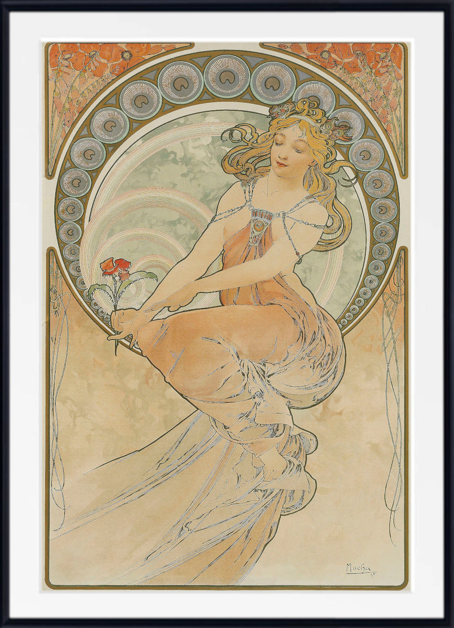 A framed Art Nouveau style art print featuring a seated woman in flowing peach and beige drapery with ornate circular motifs around her, shown against a light background with a black frame.