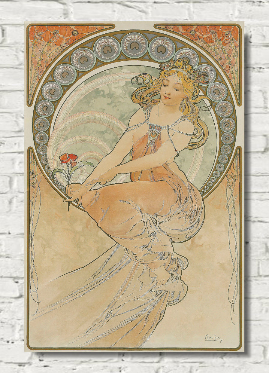 An Art Nouveau style poster print featuring a flowing female figure in warm beige, peach, and muted green tones, displayed against a white brick wall background.