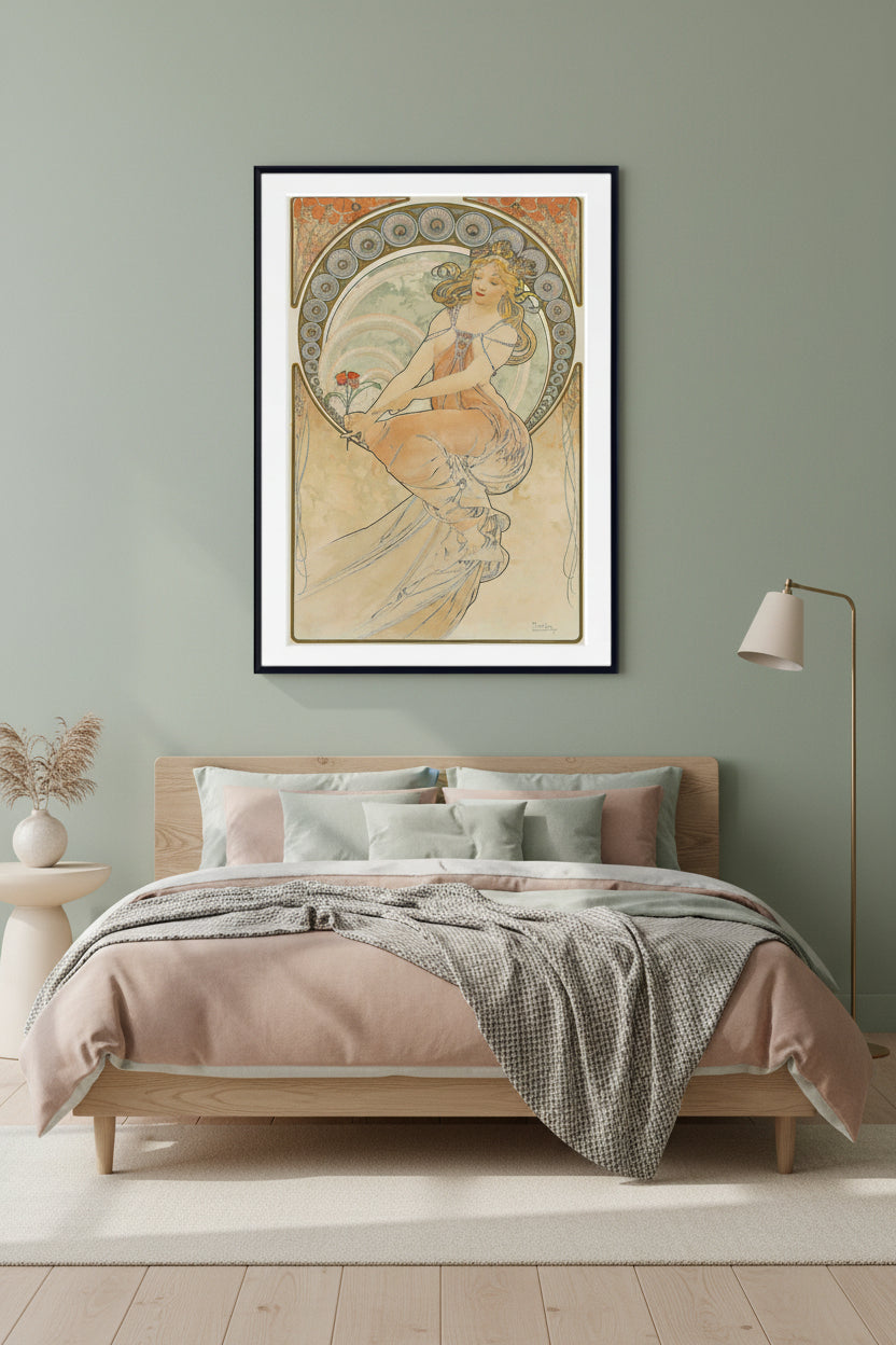 A framed Art Nouveau style art print featuring a seated woman in flowing peach and beige drapery with ornate circular motifs around her, shown against a light background with a black frame.