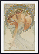 An Art Nouveau style art print featuring a woman in flowing white drapery with long orange-brown hair, framed by a decorative arch in blue, gold, and beige tones. The print is shown with a white mat and a black frame against a light background.