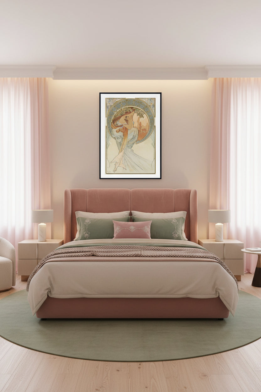 An Art Nouveau style art print featuring a woman in flowing white drapery with long orange-brown hair, framed by a decorative arch in blue, gold, and beige tones. The print is shown with a white mat and a black frame against a light background.