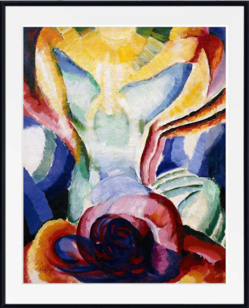 Frantisek Kupka Fine Art Print, The Colored One An abstract painting of a stylized female figure with a rose in the foreground, enclosed in a white mat and a black frame.