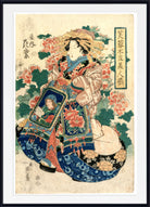 A framed Japanese ukiyo-e woodblock print featuring a woman in ornate traditional clothing surrounded by large pink flowers, with Japanese text on the right and left sides, shown against a white mat and black frame.