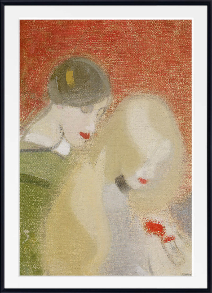A framed art print featuring an impressionistic painting of two women in profile against a warm red background, with a white mat and black frame.