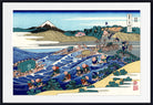 A framed Japanese ukiyo-e woodblock print depicting a river scene with boats, figures, hills, and Mount Fuji in the background, shown against a white mat and black frame.
