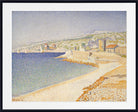 A framed pointillist painting of a coastal town with blue water, pale sandy shore, and buildings on a hillside, shown with a white mat and black frame.