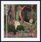 A framed art print featuring an intricate, surreal botanical painting with a central figure in a lush, detailed forest-like scene. The artwork is presented with a wide white mat and a simple black frame against a white background.
