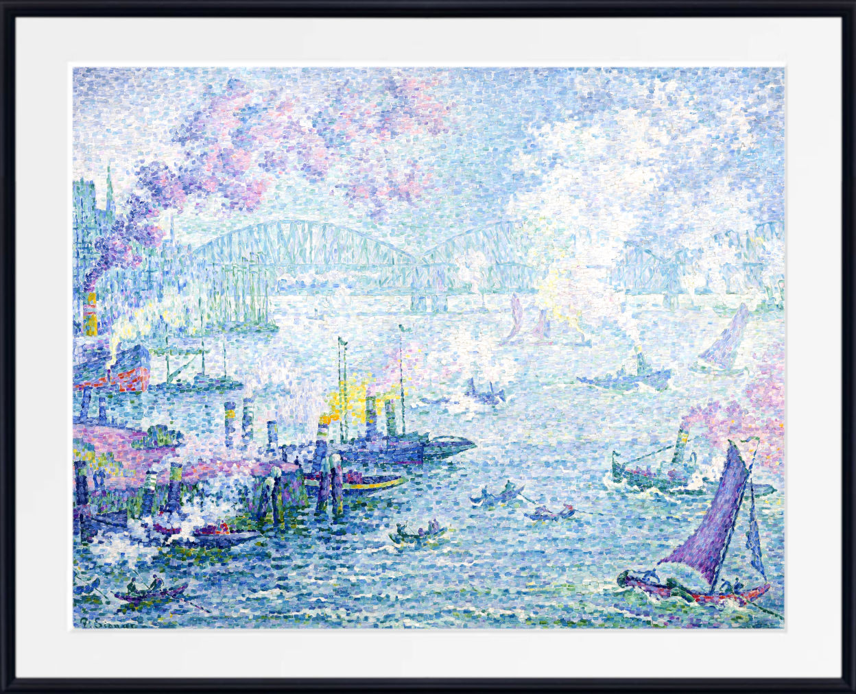 A framed art print featuring a pastel, impressionistic city harbor scene with boats, a bridge, and pink blossoms, shown with a wide white mat and black frame.