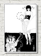 A framed black and white Art Deco style poster featuring a seated woman with floral details and a horned figure at the bottom, displayed against a white brick wall.