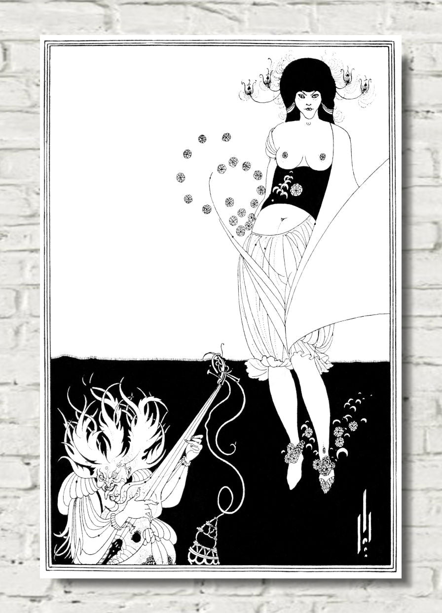 A framed black and white Art Deco style poster featuring a seated woman with floral details and a horned figure at the bottom, displayed against a white brick wall.