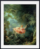 Jean-Honoré Fragonard Fine Art Print, The Swing  A framed art print of Jean-Léon Gérôme's classical painting 'Olympia' depicting a woman on a swing in a lush, sunlit forest. The print is presented with a wide white mat and a simple black frame.