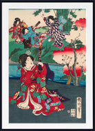 A framed Japanese ukiyo-e woodblock print featuring a woman in a red floral kimono in the foreground, with other figures in motion near water and trees in the background, shown with a white mat and black frame.