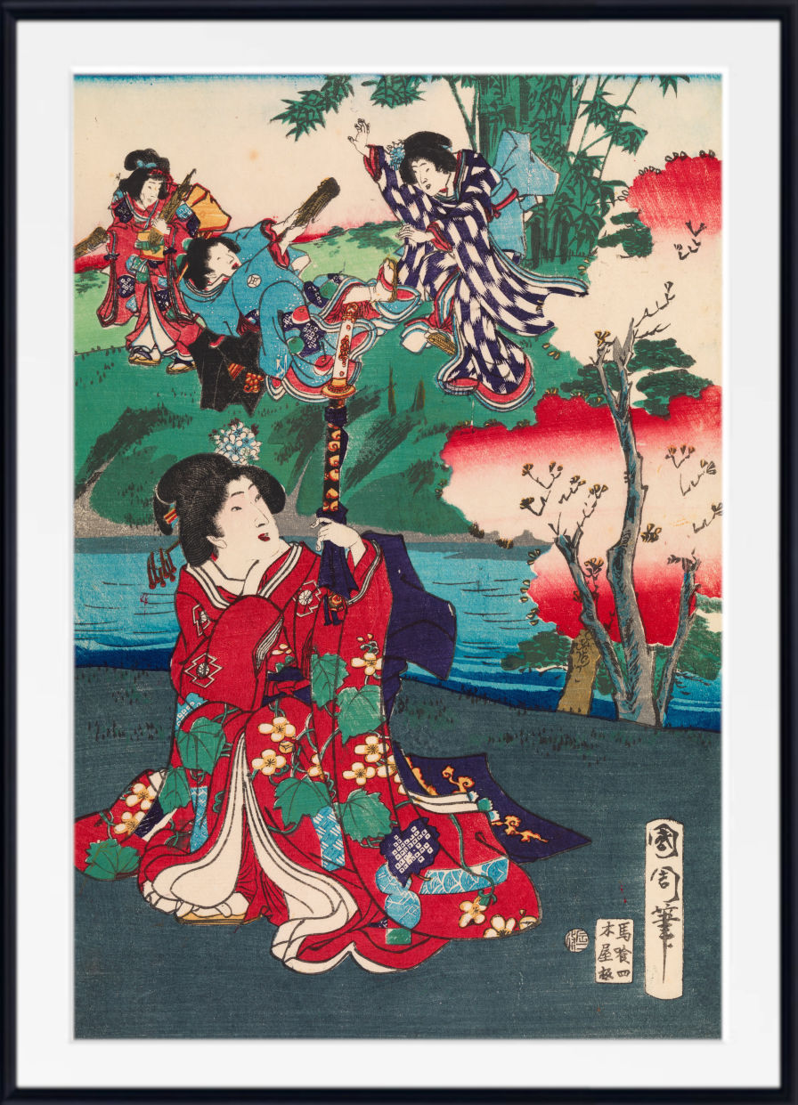 A framed Japanese ukiyo-e woodblock print featuring a woman in a red floral kimono in the foreground, with other figures in motion near water and trees in the background, shown with a white mat and black frame.