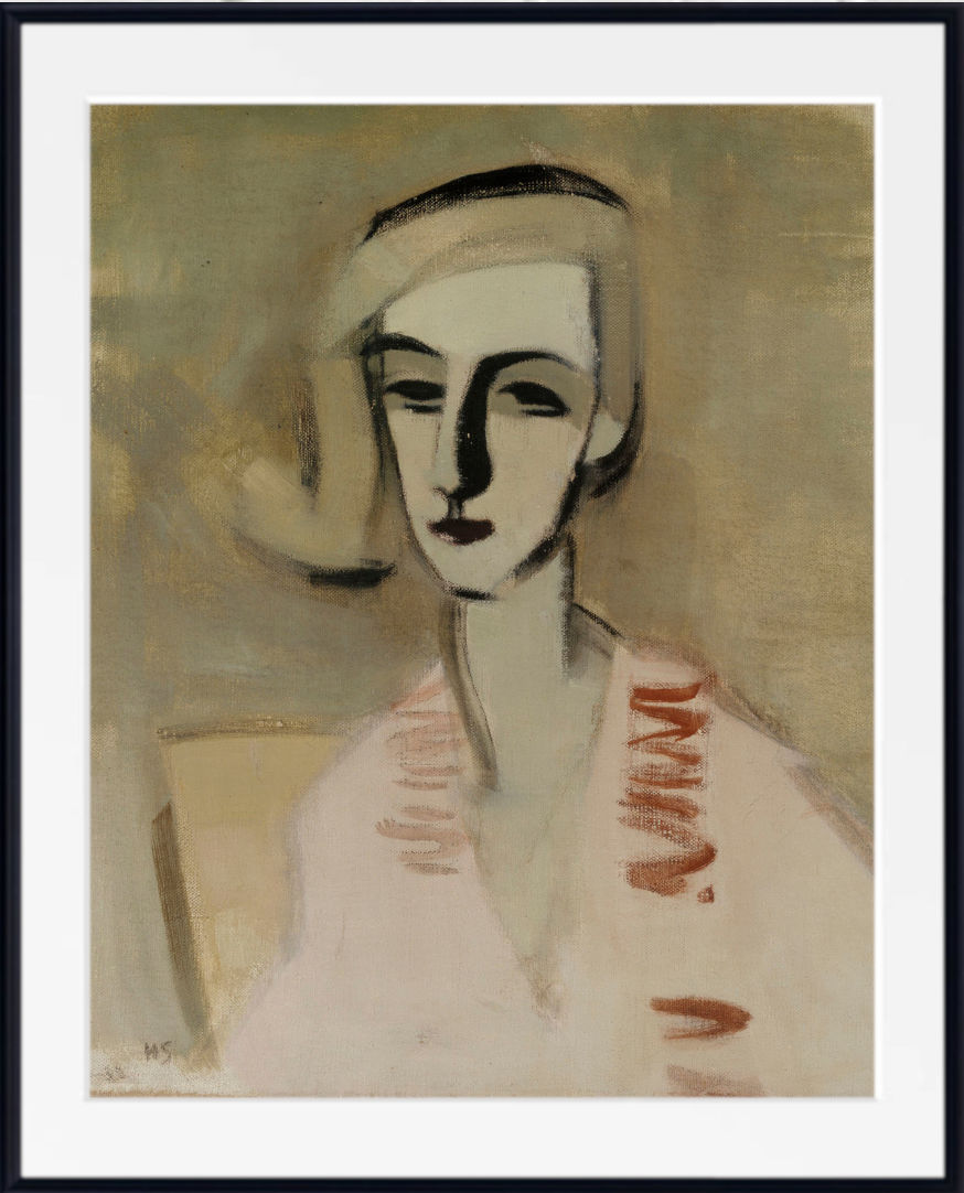 A framed portrait painting of a woman with a stylized, cubist-like face and hair, rendered in muted beige, brown, black, and reddish accents. The artwork is shown with a wide white mat and a black frame against a light gray background.
