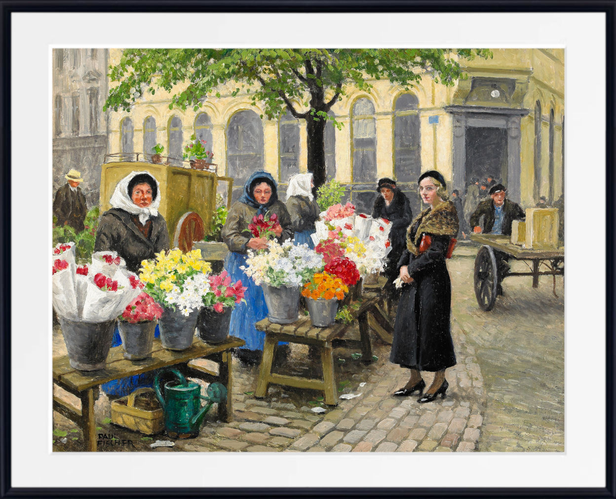 A framed art print depicting a vintage street scene with flower vendors selling bouquets of red, yellow, white, and pink flowers. The painting features several women, a tree, and a yellow building in the background, presented with a wide white mat and a black frame.