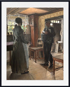 A framed art print depicting a vintage scene of a woman in a dark dress and apron standing in a rustic room, facing a man in a dark uniform holding a bundle. The print is framed with a wide white mat and a simple black frame.