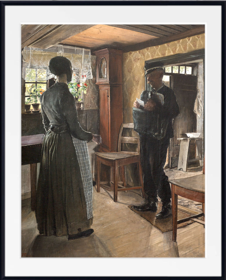 A framed art print depicting a vintage scene of a woman in a dark dress and apron standing in a rustic room, facing a man in a dark uniform holding a bundle. The print is framed with a wide white mat and a simple black frame.