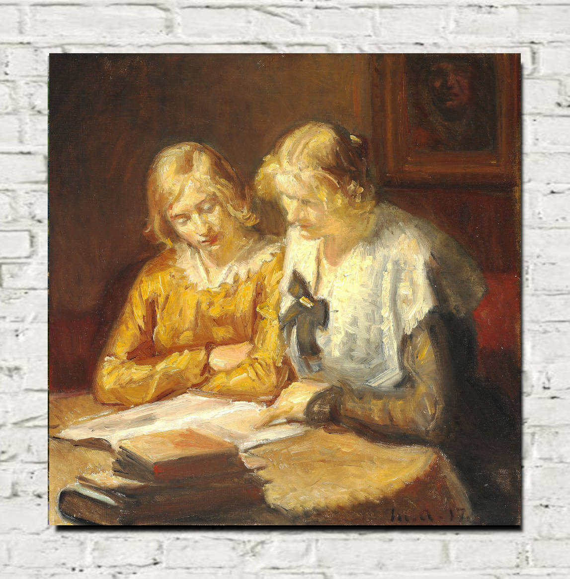 Michael Ancher Print, Two young girls sitting at the table reading in a book