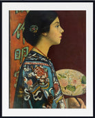A framed art print featuring a classic portrait painting of an Asian woman in profile, wearing a detailed floral-patterned teal and red robe, holding a floral fan against a dark red background.