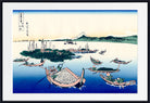 A framed Japanese-style art print depicting boats on blue water with a distant mountain and pale sky, shown against a white background with a black inner border.