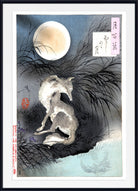 A framed Japanese-style art print depicting a fox at night under a large full moon, with dark grasses, a pale blue-gray sky, and calligraphic text blocks. The print is shown with a white mat and black frame.