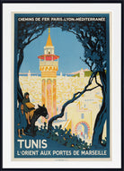 A framed vintage-style travel poster for Tunis, France, featuring a rider on horseback in the foreground, a tall tower, and a cityscape under a blue sky, with French text at the top and bottom.
