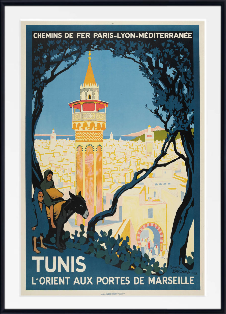 A framed vintage-style travel poster for Tunis, France, featuring a rider on horseback in the foreground, a tall tower, and a cityscape under a blue sky, with French text at the top and bottom.