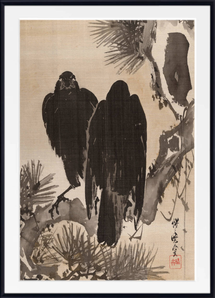 Kawanabe Kyōsai Print, Two Crows on a Pine Branch – GalleryThane