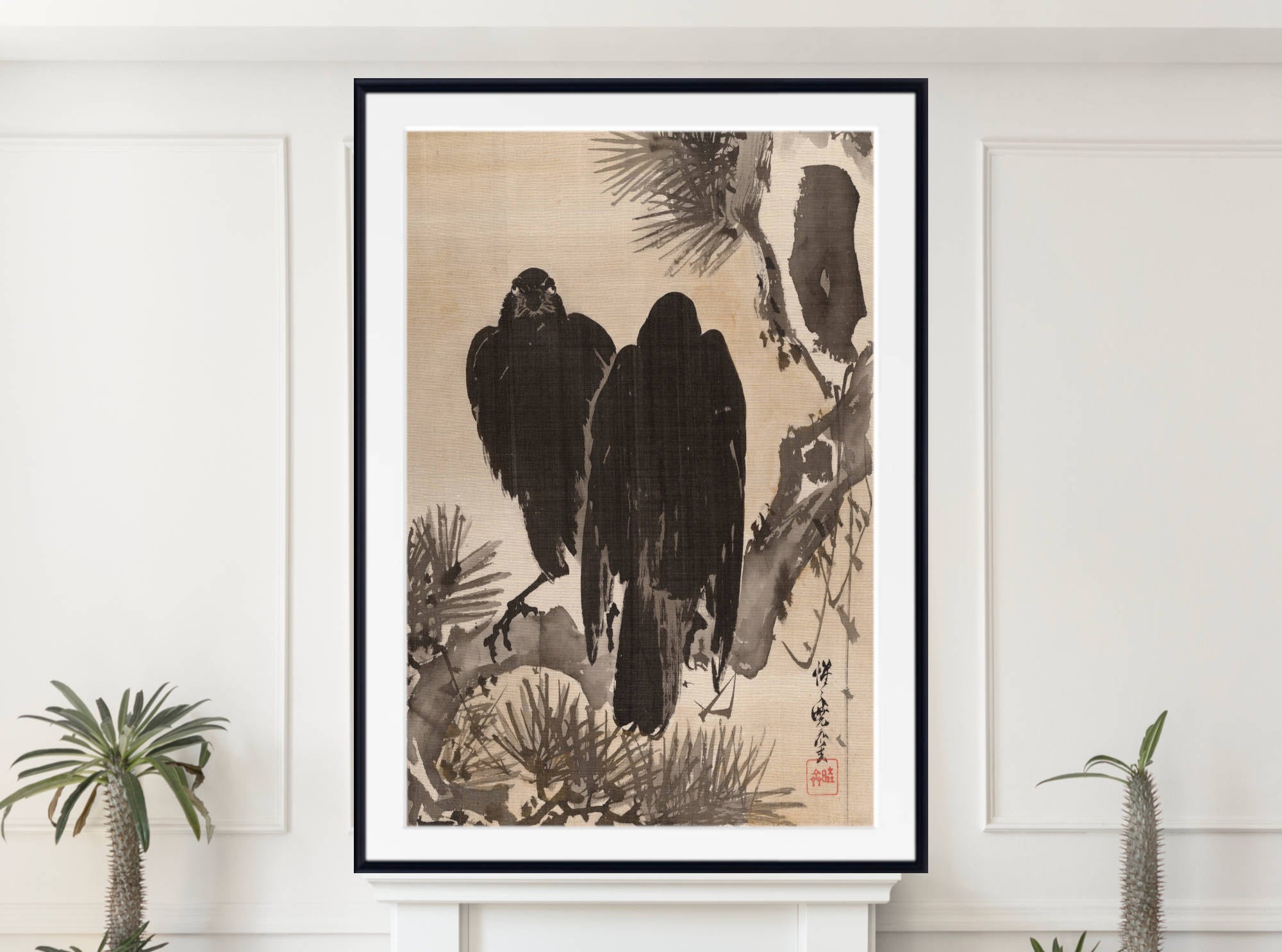 Kawanabe Kyōsai Print, Two Crows on a Pine Branch – GalleryThane