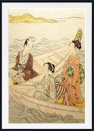 A framed Japanese ukiyo-e woodblock print depicting three figures in a boat on the water, with a cream background and a black frame.