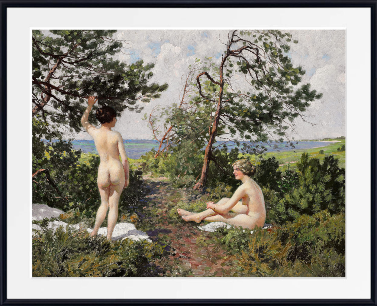 Framed art print of a classical painting depicting two nude figures in a lush green landscape with trees and a distant body of water, presented in a black frame with a white mat.
