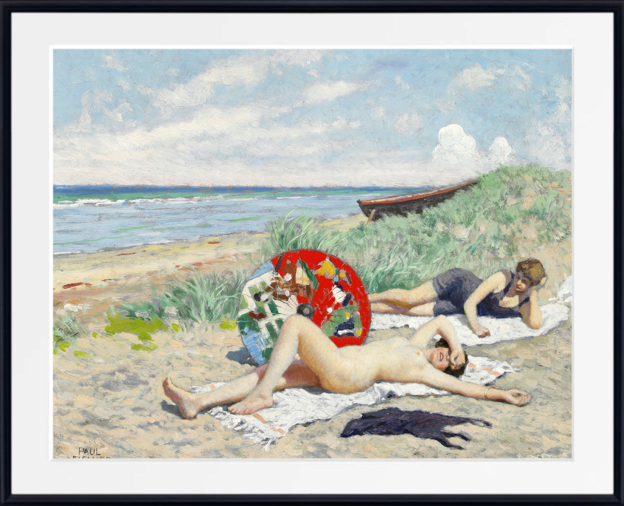 Framed impressionist beach painting showing two nude women sunbathing on a sandy shore under a cloudy sky, with a small boat on the dunes and a black cat in the foreground. The artwork is presented with a wide white mat and a black frame.