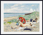 Framed impressionist beach painting showing two nude women sunbathing on a sandy shore under a cloudy sky, with a small boat on the dunes and a black cat in the foreground. The artwork is presented with a wide white mat and a black frame.