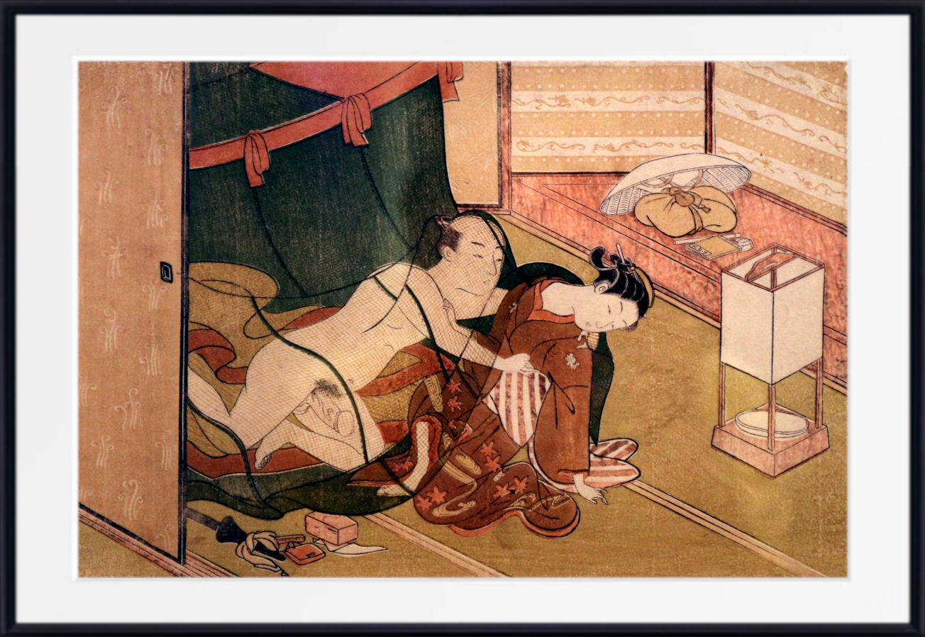 A framed art print featuring a traditional Japanese woodblock-style illustration of two figures in an interior scene, with a white mat and black frame visible.