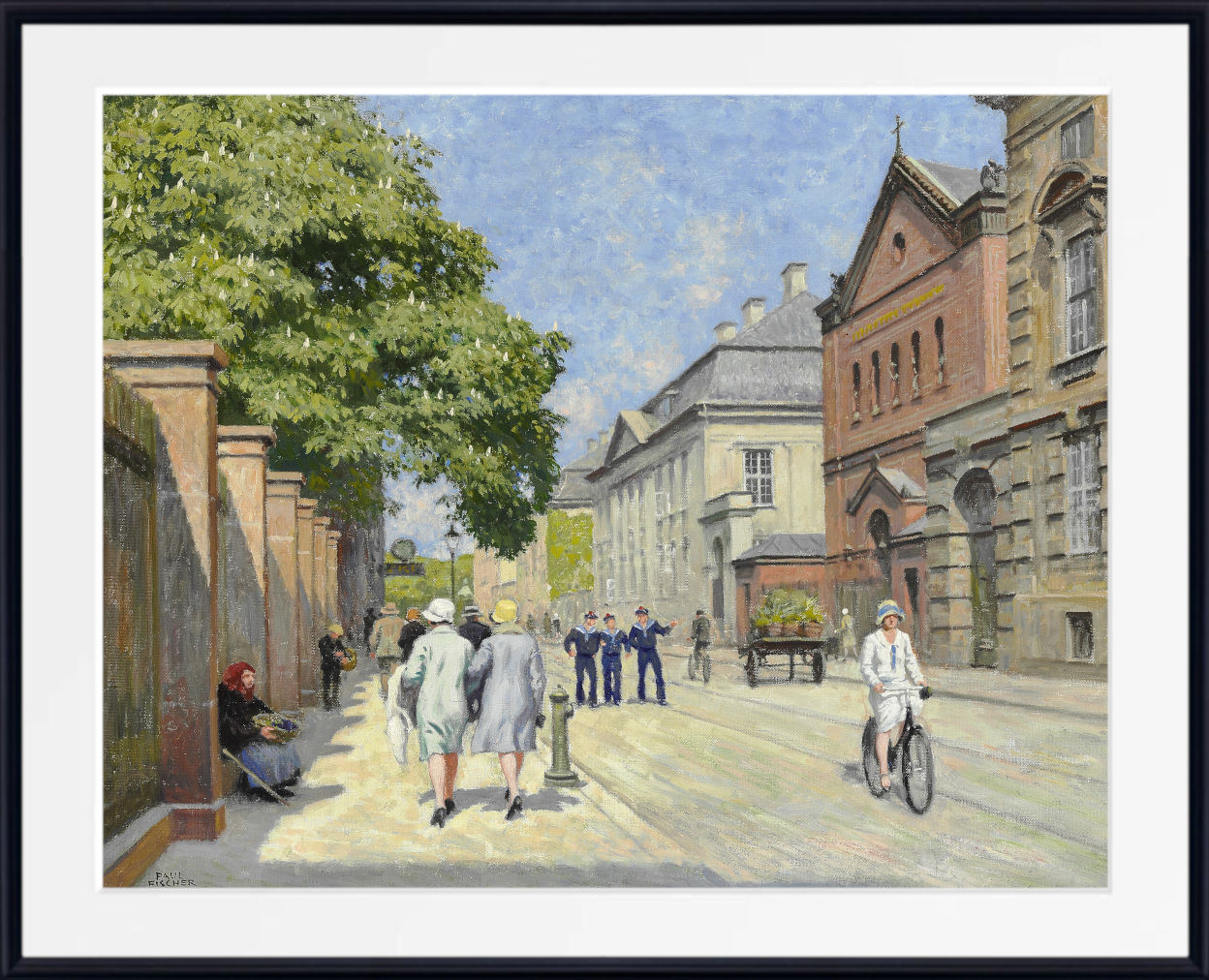 An impressionist-style painting of a sunlit city street with pedestrians, a cyclist, trees, and buildings, shown within a white mat and black frame.