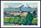A framed landscape painting depicting snow-capped mountains, green trees, and buildings in a stylized, impressionistic manner, shown against a white background with a black frame.
