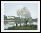 Jean-Baptiste-Camille Corot Fine Art Print,  Ville d'Avray  A framed landscape painting depicting a calm river scene with two pale trees in the foreground, a distant building across the water, and a few small figures near the bank. The artwork is shown with a wide white mat and a black frame.