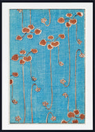 A framed art print featuring a textured turquoise blue background with a repeating pattern of stylized brown and cream flowers and stems, enclosed in a white mat and a black frame.